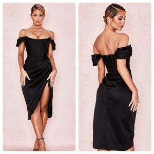 House of CB Loretta Dress Off Shoulder Satin Black Size Small